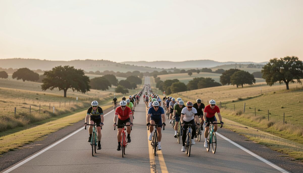A documentary photograph of a long line of cyclists on a two-lane Texas country road at dawn, rolling hills and a pale sky, no signage or lettering.