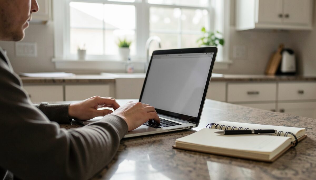 A documentary photograph of hands typing on a laptop at a kitchen counter with a notebook and pen beside it, screen unreadable.