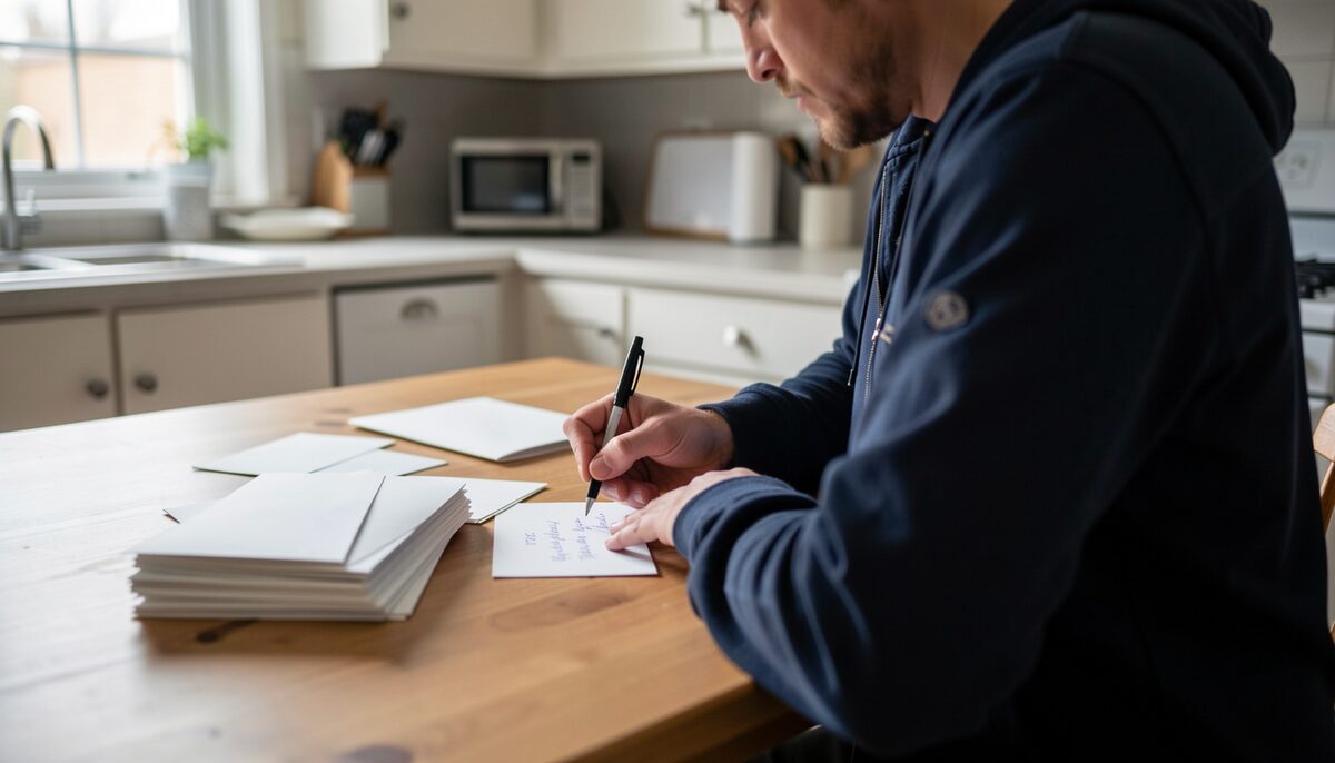 A documentary photograph of a rider at a kitchen table writing donation thank-you cards, envelopes stacked, no readable handwriting.
