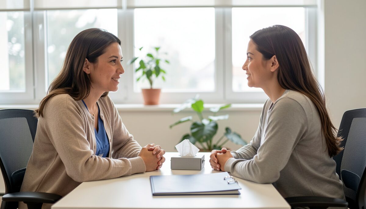 A documentary photograph of a caseworker and a client talking across a small table in a bright office, tissues and a folder between them, no text.