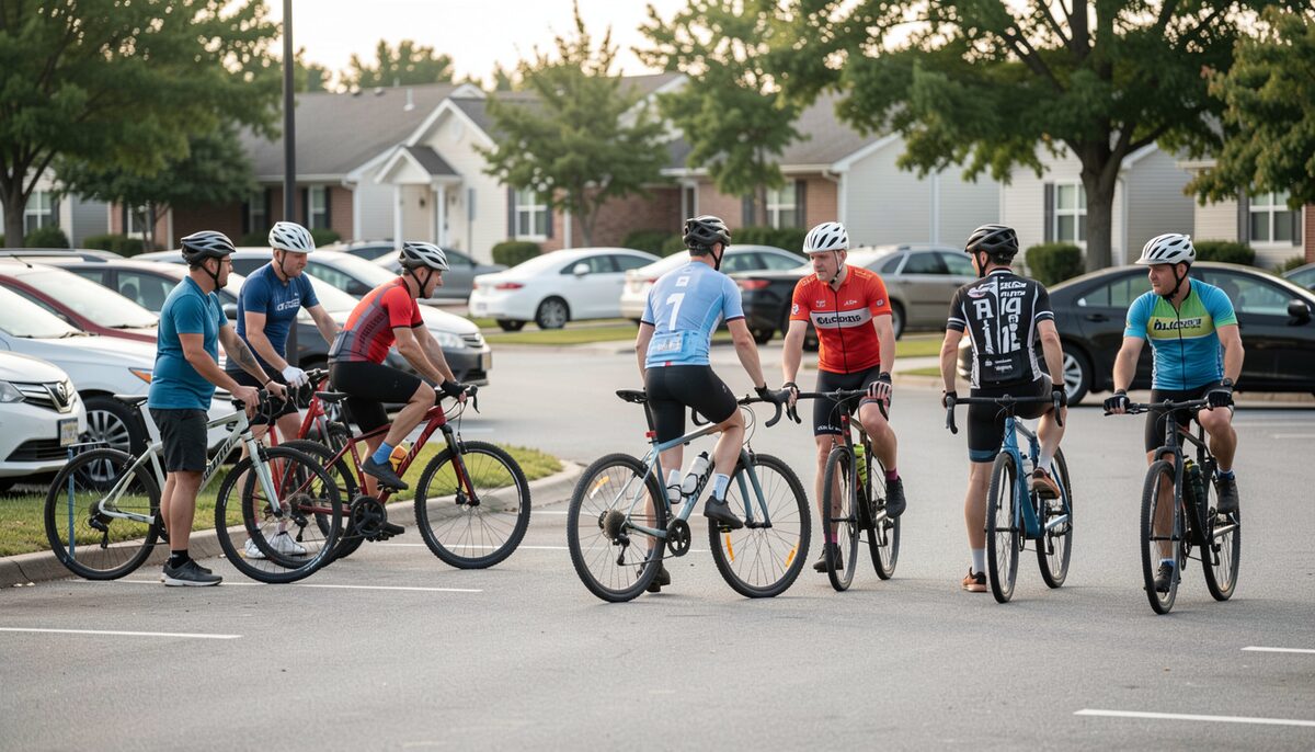 A documentary photograph of cyclists gathering in a suburban parking lot before a group ride, helmets on, cars in the background, no logos.