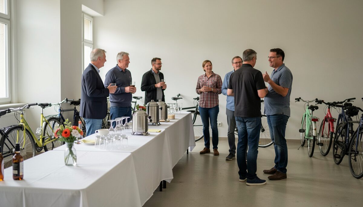 A documentary photograph of a sponsor appreciation table with folded banners turned away from camera, coffee urns, attendees chatting, no logos.