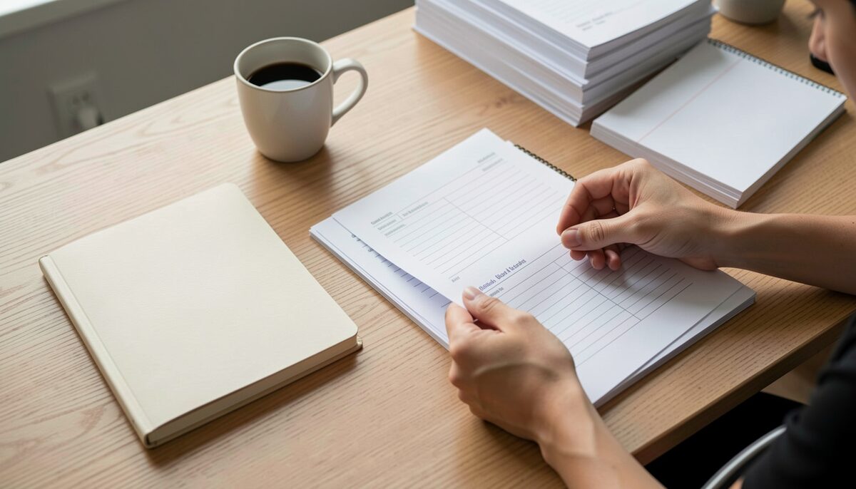 A documentary photograph of a finance volunteer reviewing spreadsheets beside a calculator and a coffee cup, screen content blurred and illegible.